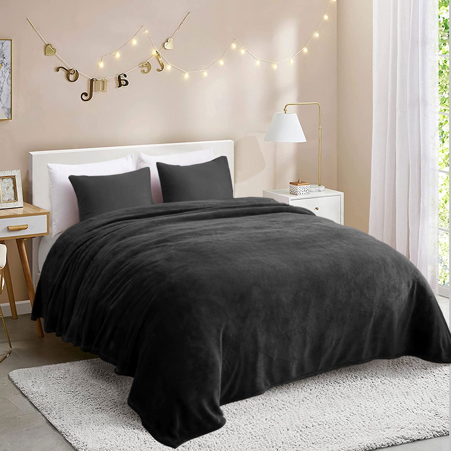 JML Fleece Blanket Flannel Blanket Couch Black Queen 77"X81" Soft ...
