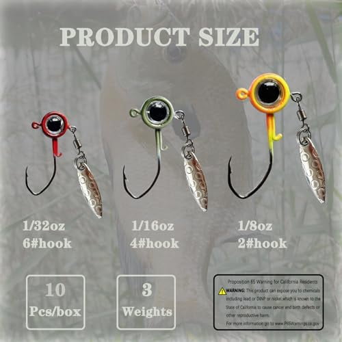 WLIKKSCrappie Jigs Underspin Jig Heads 3D Eyes Crappie Jig Heads 1/32oz 1/16oz 1/8oz Fishing Jig Heads for Crappie Bluegill 10 Packs