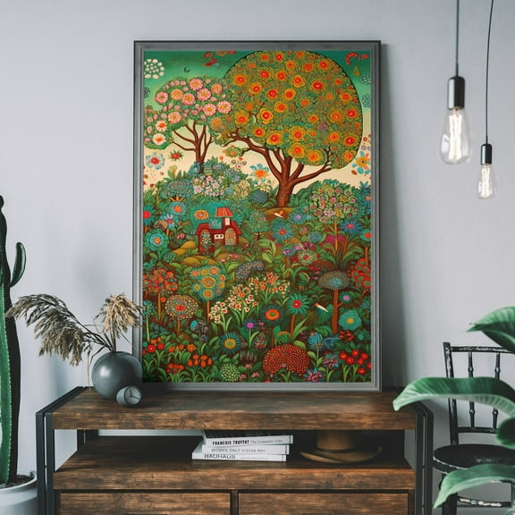Vintage Folk Forest Art Print, Colourful Wall Art, Cottagecore Rustic Wall Art, Cozy Wall Art, Boho Illustration Wall Art, Modern Wall Decor, 8x12 UNFRAMED