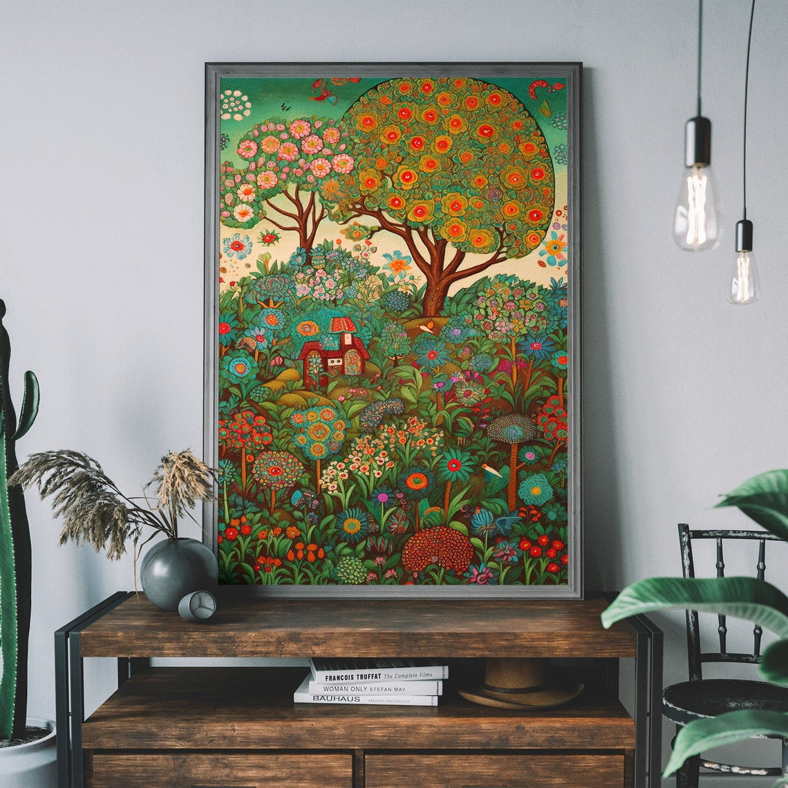 Vintage Folk Forest Art Print Colourful Wall Art Cottagecore Rustic Wall Art Cozy Wall Art Boho Illustration Wall Art Modern Wall Decor 24x36 UNFRAMED