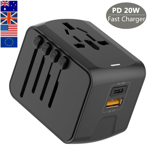 Universal Travel Adapter, European Travel Plug Adapter - International Power Adapter with 1 USB-C (PD 20W)  & 1 USB-A Ports, All-in-one Outlet Wall Charger for USA EU UK AUS