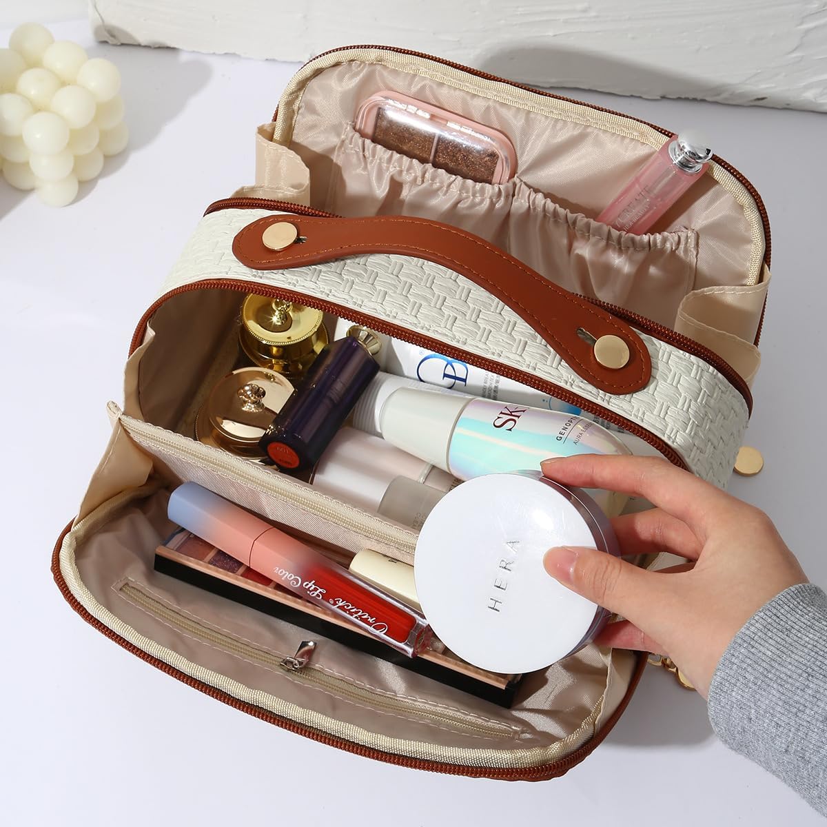 Elegant Women Travel Toiletry Bag , Large Capacity Dual Opening Woven Pattern Waterproof Makeup Cosmetic Bag Travel Organizer-Black