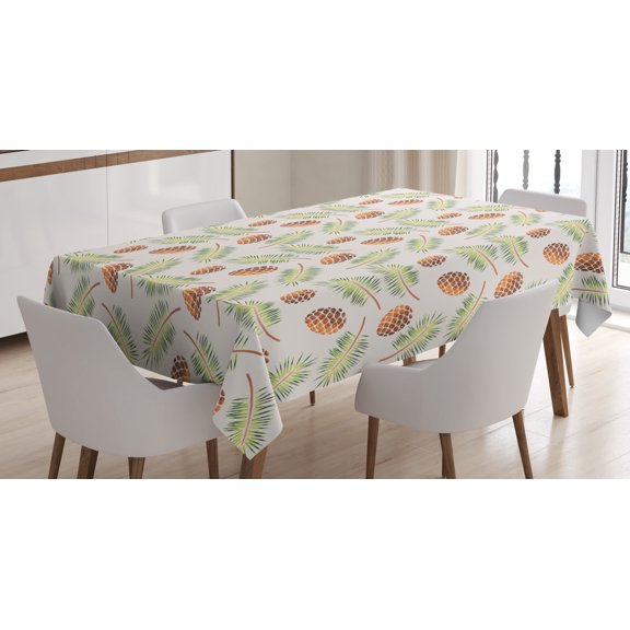 Fern Tablecloth, Pine Branches Cones Woodland Tree Theme with Watercolor Effect, Rectangular Table Cover for Dining Room Kitchen, 60 X 90 Inches, Off White Pale Brown and Green, by Ambesonne