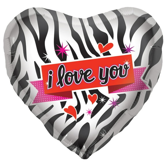 Northstar I Love You Zebra Heart Jr Shape 18" Foil Balloon, White Black Red