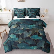 Manfei Ginkgo Leaf 7-Piece Twin Bedding Sets,Natural Plant Bedding Comforter Set,Cyan Black Sheet Sets For Men Women,Ultra Soft Home Decor