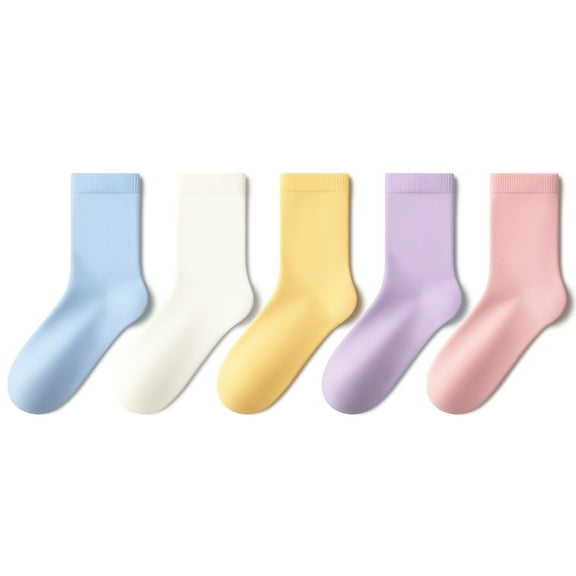 Beibi 5-Pair Pack Girls' Mid-Calf Socks Solid Color All-Season Wear Suitable for Children 4 Years and Up