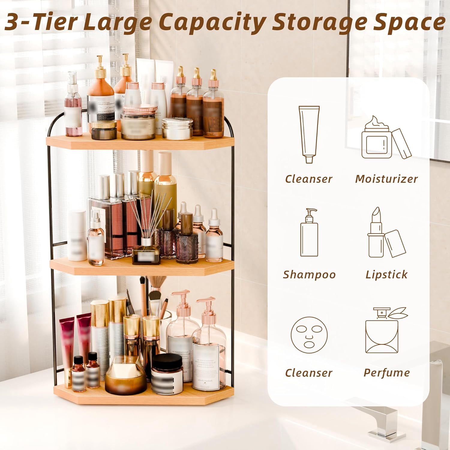 Corner Bathroom Counter Organizer, 3-Tier Wood Countertop Organizer for Perfume, Makeup Storage, Skincare Organizers for Vanity, Counter Corner Shelf for Kitchen, Bathroom, Dresser (Natural)