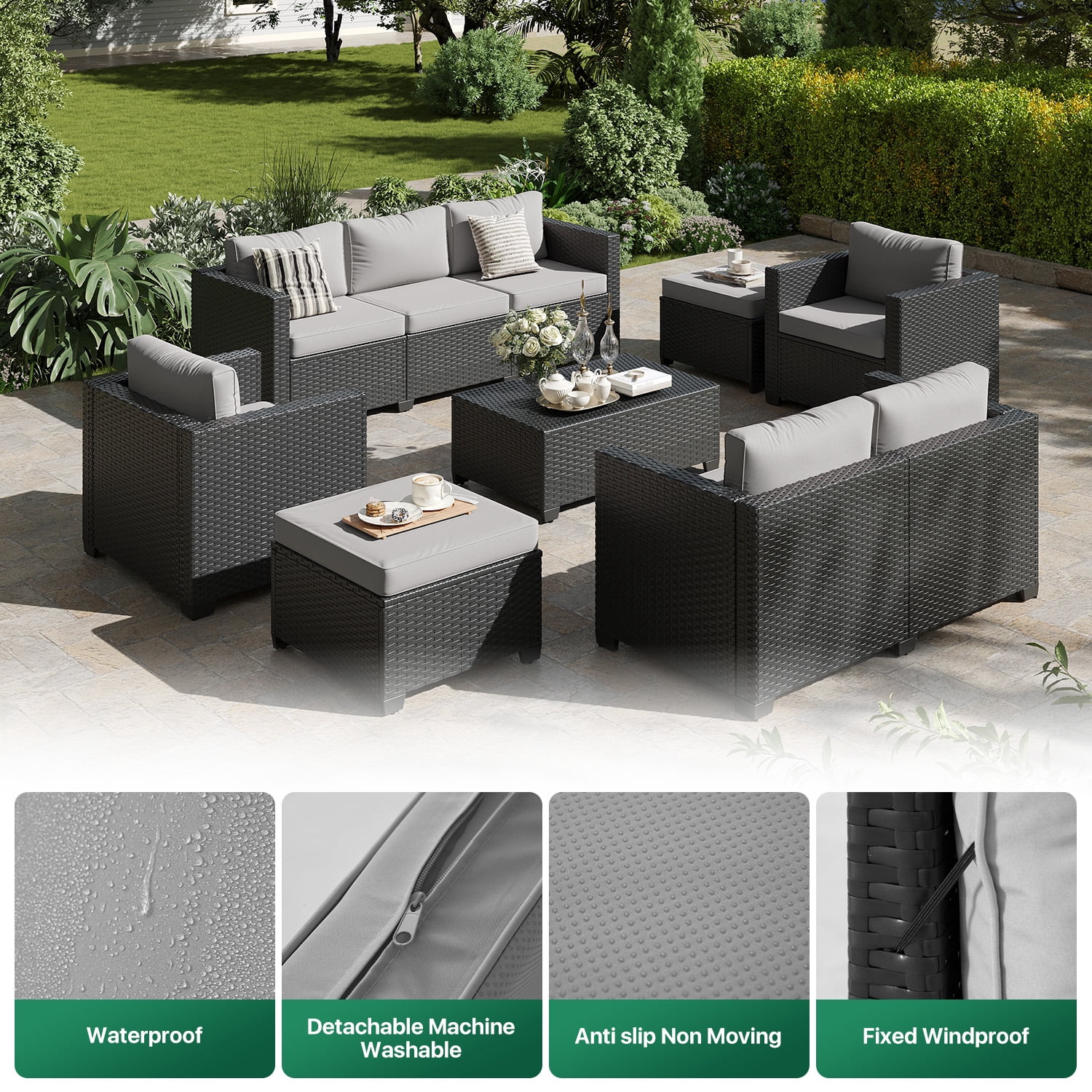 ClouddWell 7 Seat Outdoor Patio Furniture Set, Patio Conversation Sets with Thick Waterproof Cushions & Storage Coffee Table(Grey)