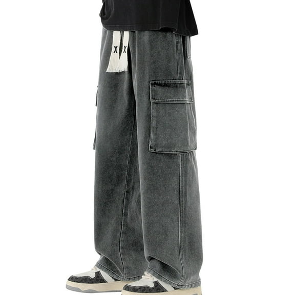 Youmylove Men's Jeans Slim Straight Jean Male Trendy Multi Pocket Workwear Jeans Gender Loose Wide Leg Pants Workwear Pants Daily Leisure Versatile