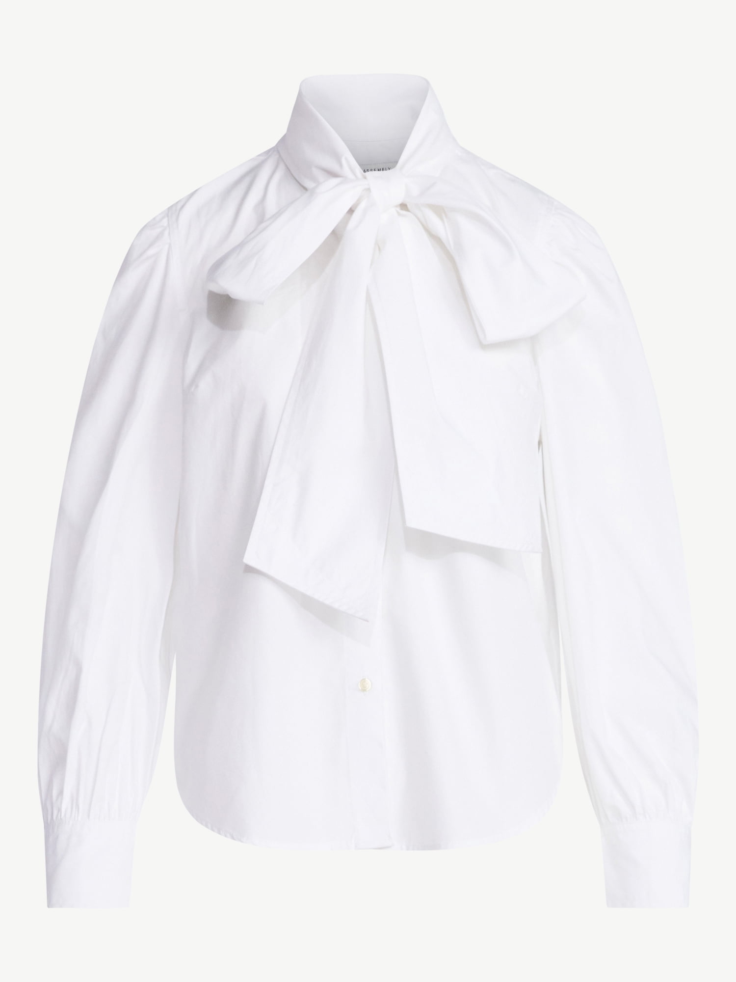 Free Assembly Women's Cotton Tie Neck Blouse with Long Puff Sleeves, Sizes XS-XXL