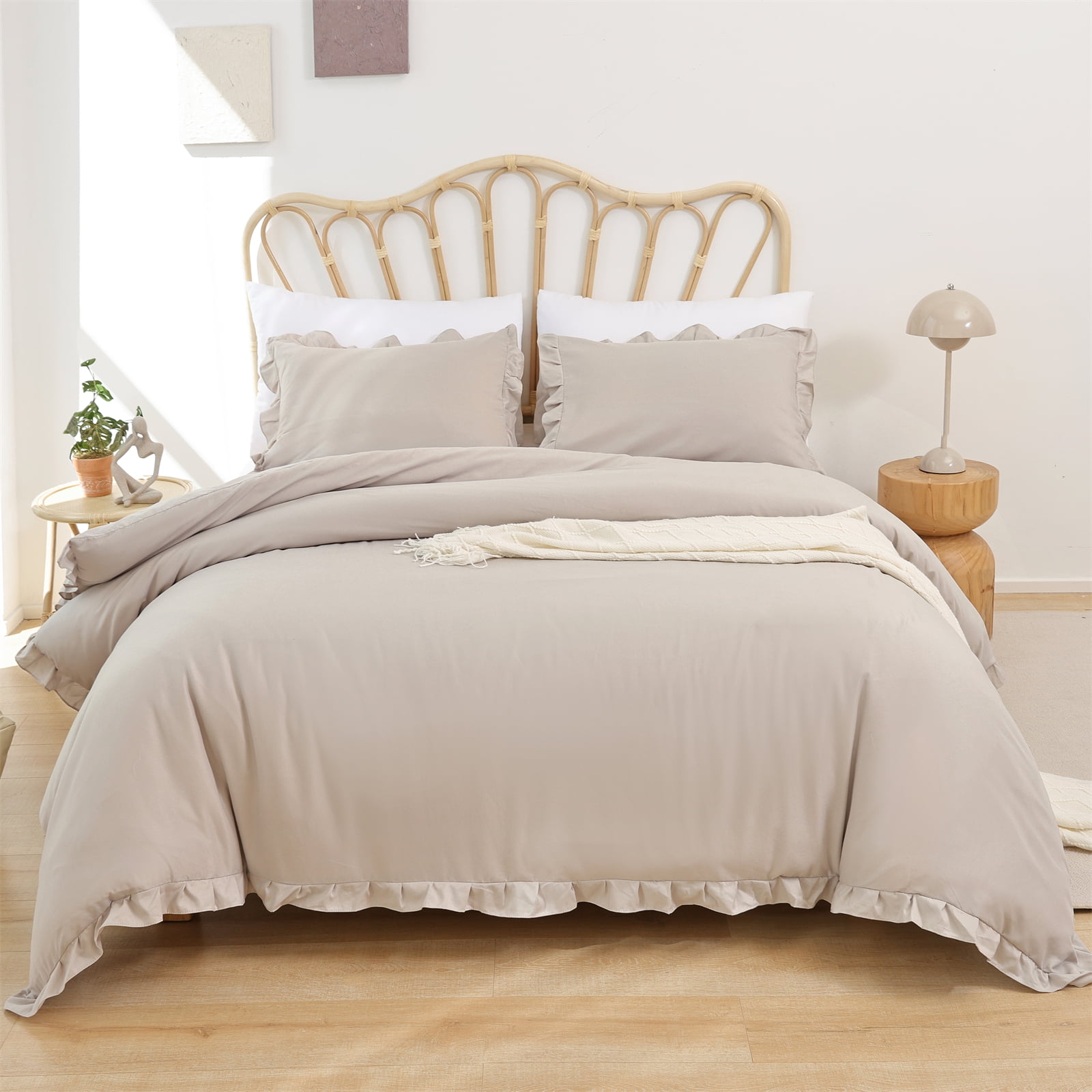 SPRINDAY King Size Comforter Set For Adult, 3 Piece Ruffle Oatmeal Bedding Comforter Set All Season