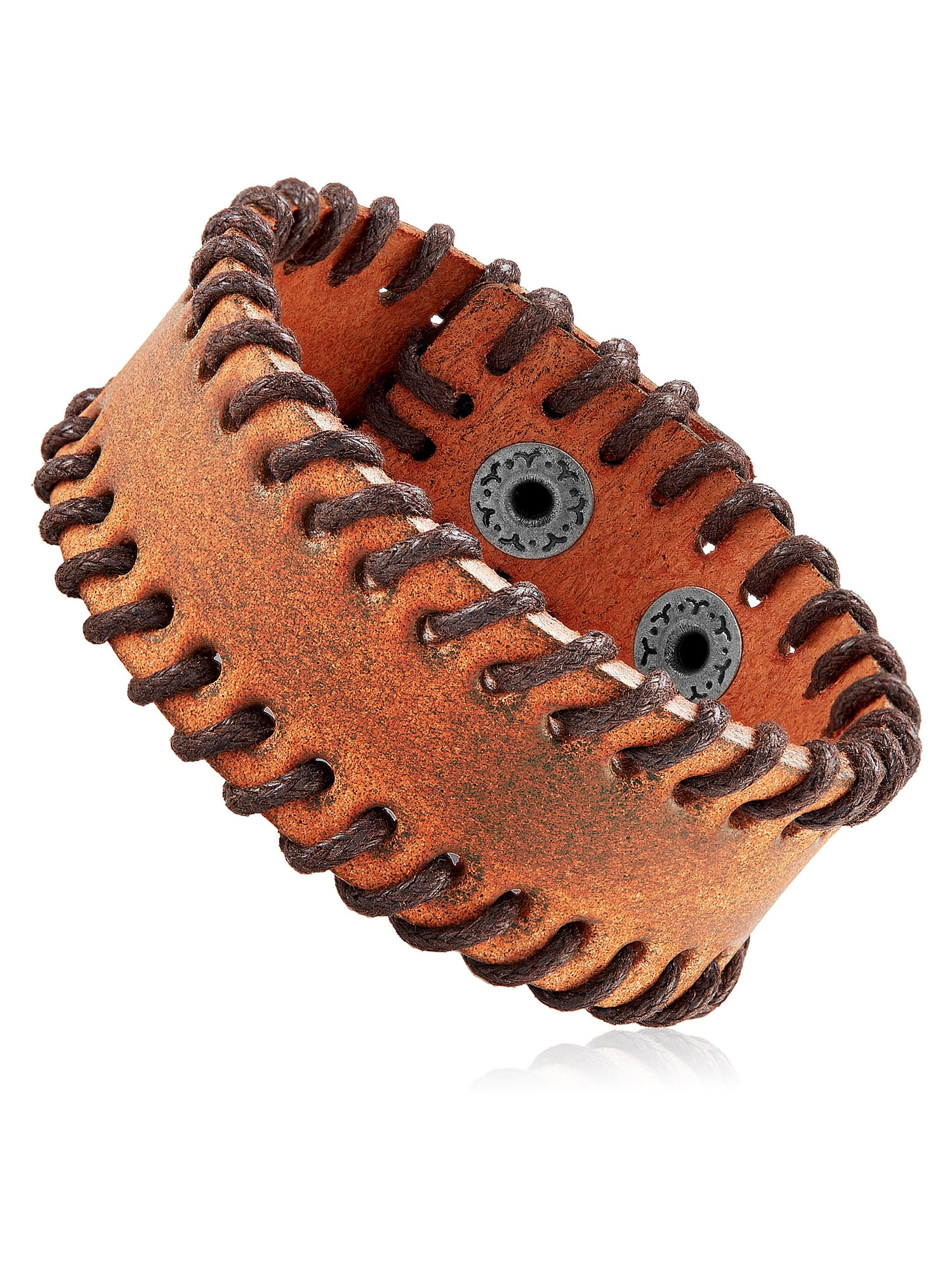 Men's Brown Leather Stitched Cuff Bracelet (28mm) - 8.25"