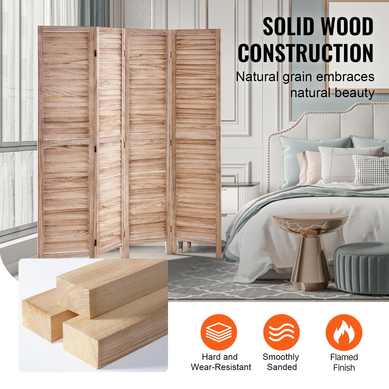VEVOR Wood Room Divider, 4 Panel Wood Folding Privacy Screen, 66.9 Inches&nbsp;Tall Indoor Louvered Wooden Partition, Portable Decoration Screen, for Room Separation,&nbsp;Office