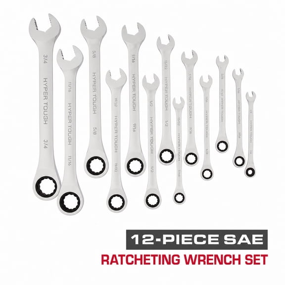 Hyper Tough Ratcheting Wrench Set, SAE, 12 Pieces