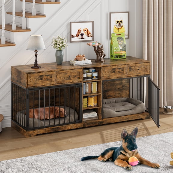 81.9" Large Dog Crate Furniture for 2 Dogs with 4 Drawers and 4 Storage Shelves, Dog Kennel Indoor for Medium Large Dogs, Brown