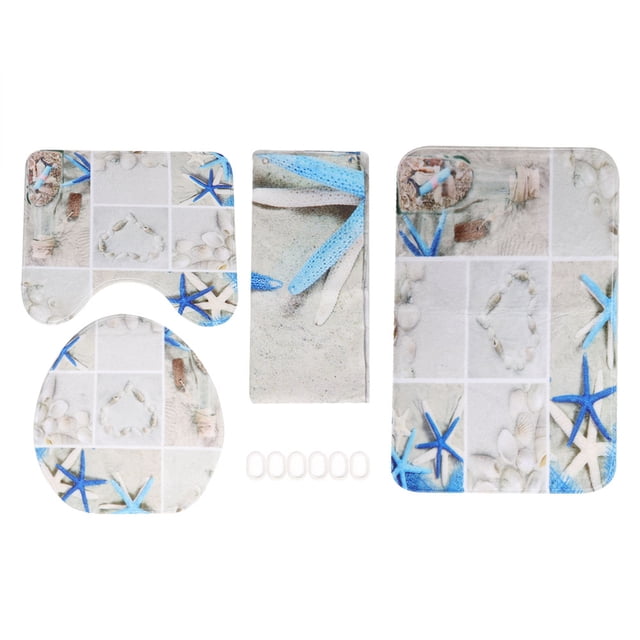 4pcs Set Starfish Shower Curtain Pedestal Rug Lid Toilet Cover Mat Non Slip Bath Mat