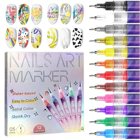 12 Colors Nail Art Pens Set,  0.5 MM Professional Nail Art Markers with Fine Tip for Drawing, Dotting and 3D Designs, Quick-Drying Nail Polish Pens for DIY Manicure and Salon Use