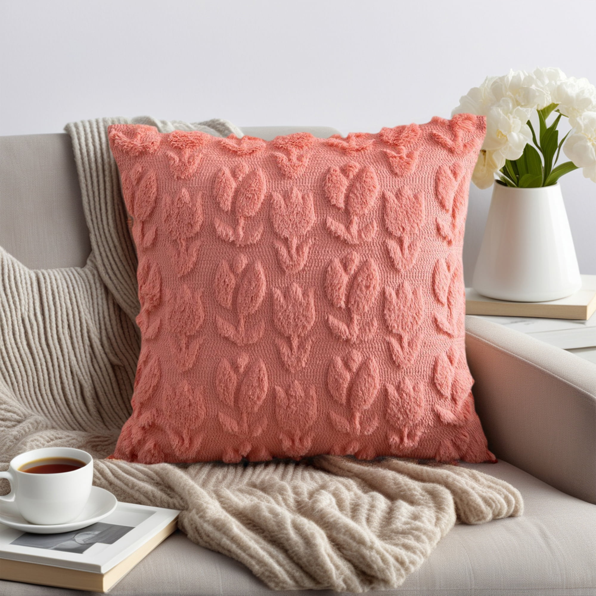 Unique Bargains Throw Pillow Covers Soft Flower Pattern Light Coral 18" x 18"