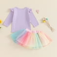 thumbnail image 5 of Odeerbi Toddler Girls Two Pieces Skirt Set Solid Color Tops Rainbow Tulle Tutu Skirt Set New Casual Baby Sweet Cute Solid Color Flying Sleeve Top Colorful Mesh Short Skirt Set Purple, 5 of 9