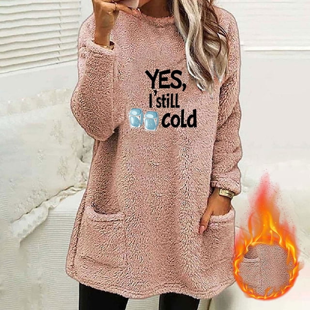 Heisall Womens Autumn Winter Fleece Sweatshirts Round Neck Letter Print Pocket Long Sleeve Thickened Warm Casual Daily Wear