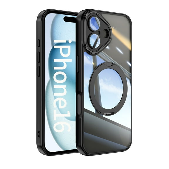 ELEHOLD Case for iPhone 16, Shockproof Anti-Scratch Full Camera Protector Case with 360° Ring Holder Stand,Black