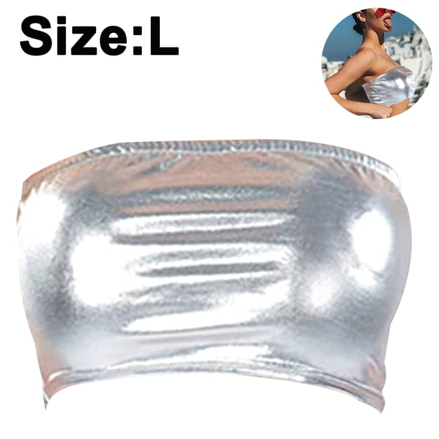 Traje de escenario con top de tubo sin tirantes brillante para mujer, traje de actuación con parte superior de tubo de color sólido de charol con pecho envuelto