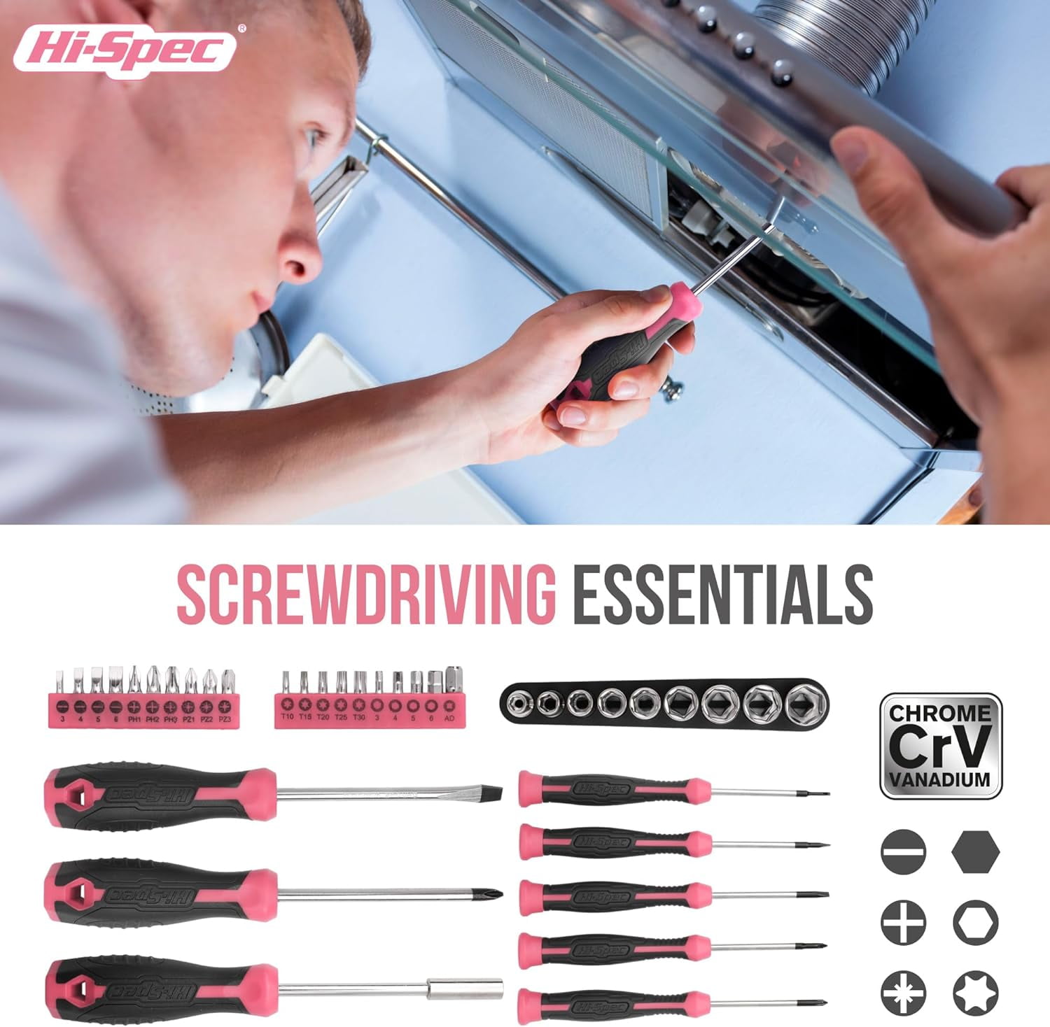 Hi-Spec 54-Piece Pink Tool Kit with Screwdrivers, Wrenches, Hammer & Driver Bits for DIY & Household Repairs