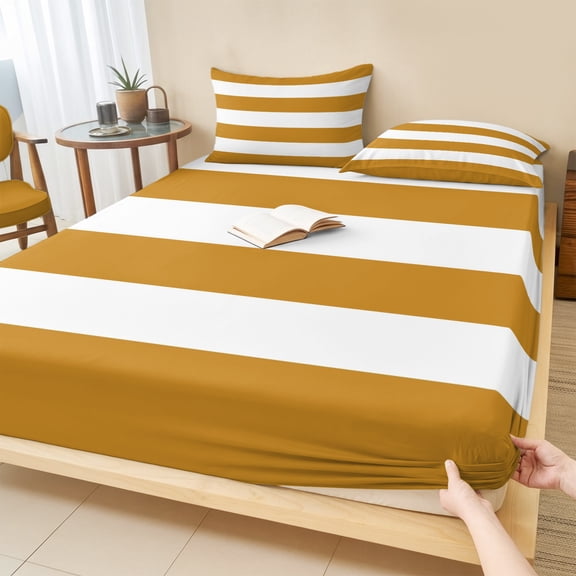 Full Size Fitted Sheet Set - Mustard Yellow Striped 3 Piece Bedding Sets 16" Deep Pocket Fitted Sheet with 2 Pillowcases, Modern Stripes Farmhouse Brushed Microfiber Hotel Luxury Bed Sheets