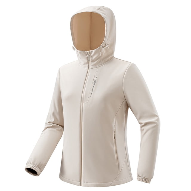 KIHOUT Women's Softshell Jacket Hooded Windproof Solid Color Long Sleeve Fleece Lined Jackets, Lightweight