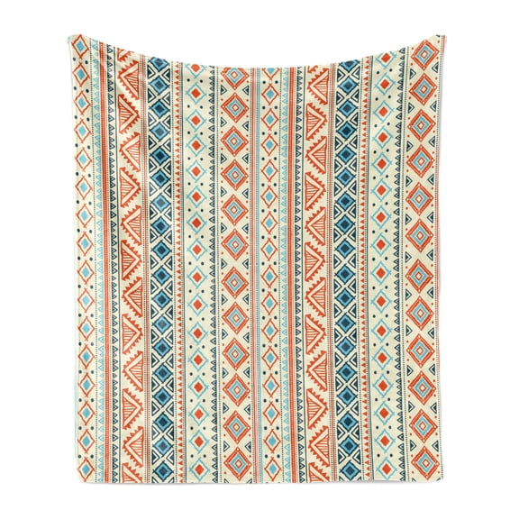 Tribal Soft Flannel Fleece Throw Blanket, Mexican Style Aztec Patterned Retro Hand Drawn Design Abstract, Cozy Plush for Indoor and Outdoor Use, 50" x 70", Blue Orange Ivory, by Ambesonne