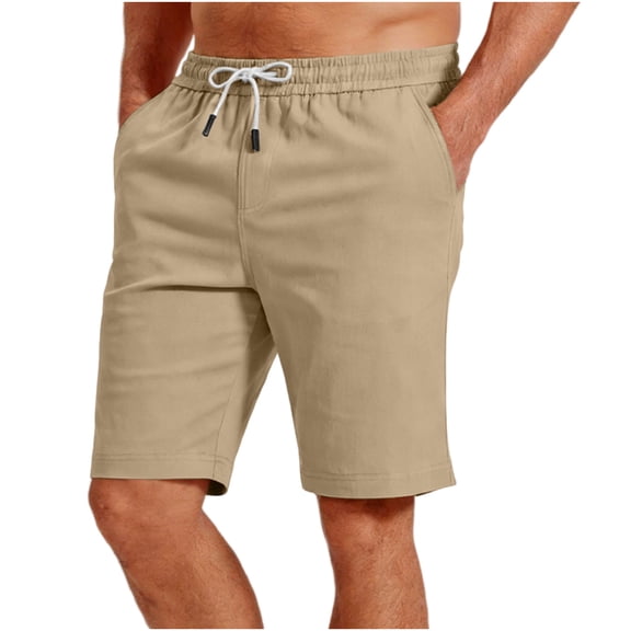 Smsaxvxz Mens Cotton Dress Shorts Business Breathable Drawstring Elastic Waist Chino Casual Shorts with Pockets Khaki L