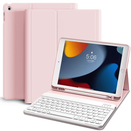 SZPSGC Keyboard Case for iPad 10.2-Inch (2021/2020/2019 Model, 9th/8th/7th Generation) with Pencil Holder, Magnetic Detachable Bluetooth Wireless Keyboard, Soft TPU Back Stand Cover,Pink