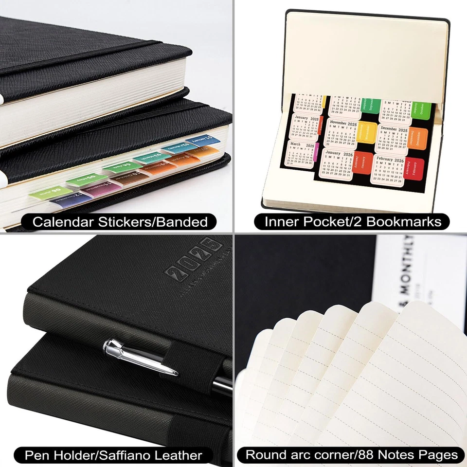2025 Black Planner 5X8 Weekly Monthly Pages Calendar Stickers Inner Pocket
