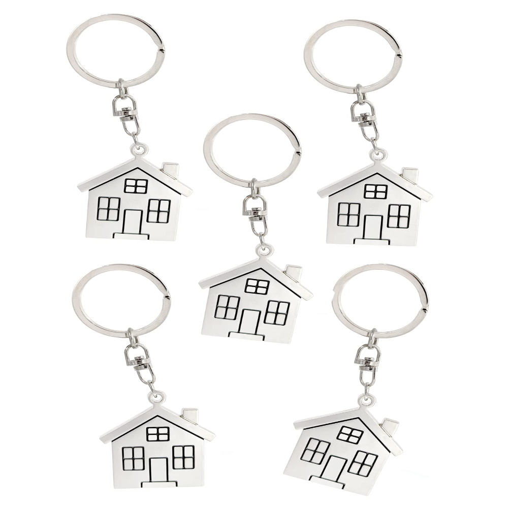 New Home Keychain, 5 Pack, Metal Keyring with Stamped House Pendant Charm