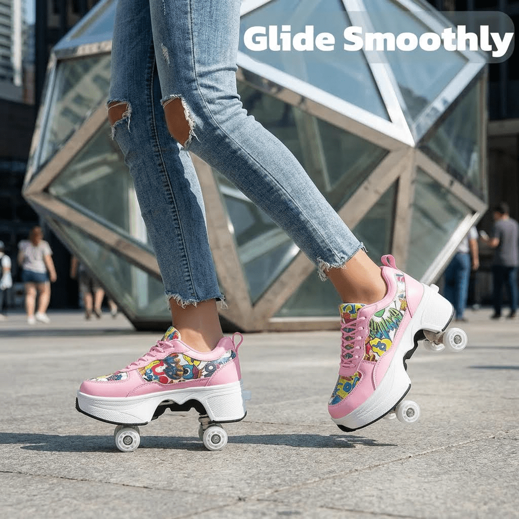 CZV Women's & Teens Graffiti Print Four-Wheel Convertible Roller Skate Shoes,2-in-1 Roller Skates & Sneakers Unisex Retractable Wheels Indoor Outdoor Fun & Fitness Kick Roller Shoes