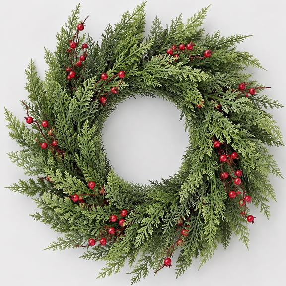 Kidzkube 24 Inch Christmas Wreath Artificial Norfolk Pine with Red Berry for Front Door, Window, Porch, Wall, Indoor Outdoor Farmhouse Winter Holiday Decor