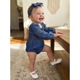 thumbnail image 4 of BemeyourBBs Newborn Baby Girl Denim Romper Outfits Jeans Smocked Bubble Romper Cute Girls Spring Summer Clothes Casual Long Sleeve Bodysuit Bow Headband 2 Pcs Set, 4 of 9