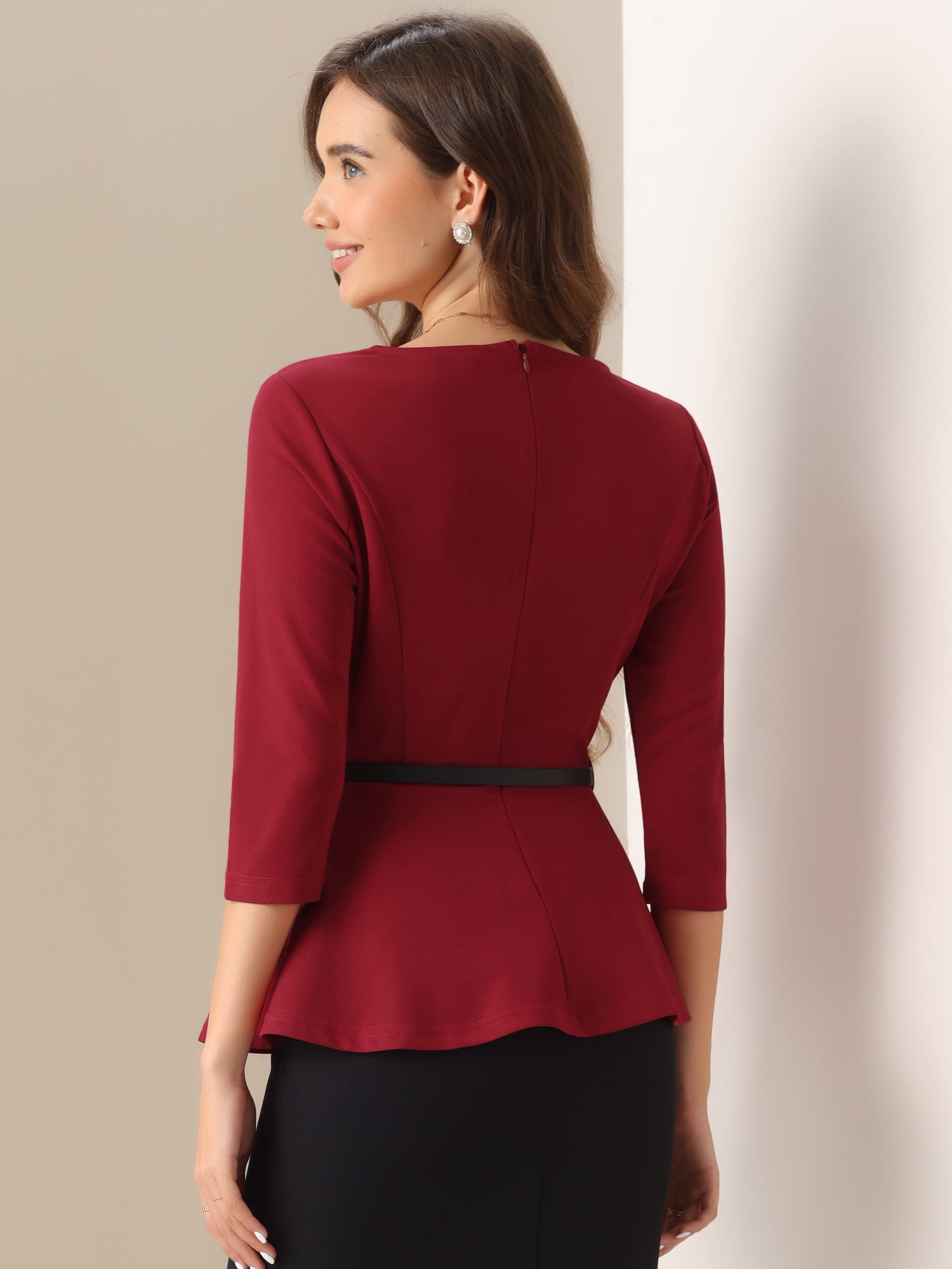 DARING DIVA 3/4 Sleeve Elegant Work Peplum Top XS Black S Red