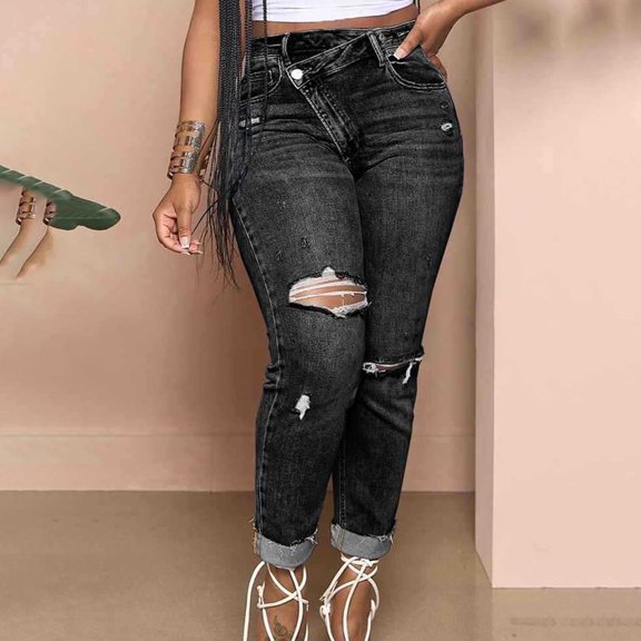 Zysthvn Straight Leg Women Jeans Casual Womens Trousers High Waisted Ripped Loose Solid with Pockets Button Pants