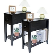 Narrow End Table, Black Side Table with Drawer, Slim Bed Side Table for Small Space/Night Stand Set of 2, Side Table for Couch