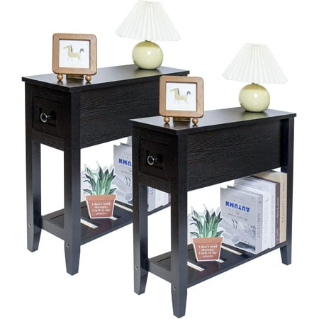 Narrow End Table, Black Side Table with Drawer, Slim Bed Side Table for Small Space/Night Stand Set of 2, Side Table for Couch