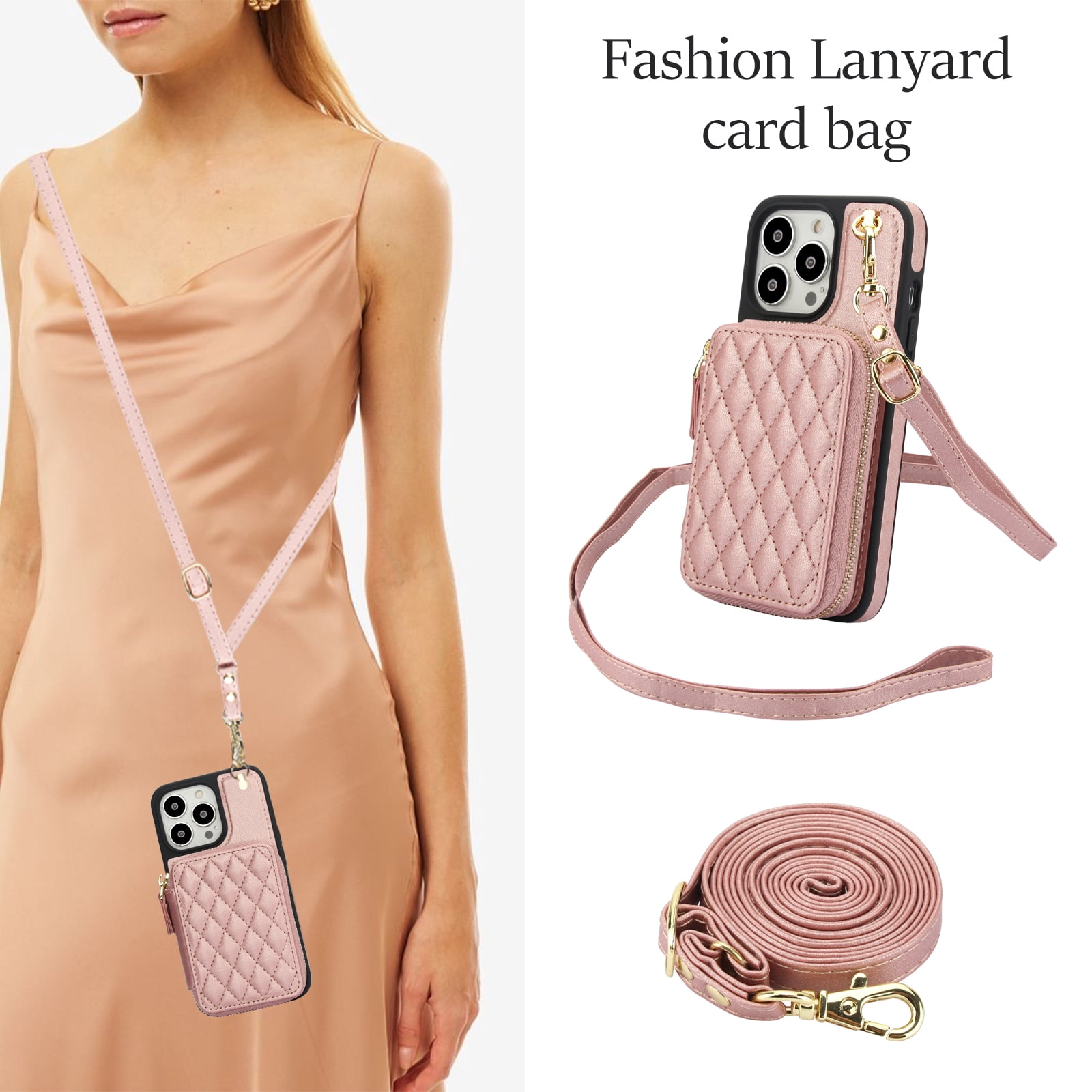 Compatible with iPhone 15 Pro Max 6.7 inch Wallet Phone Case Tempered Glass Screen Protector Wrist Crossbody Strap Stand Credit Card Holder RFID Slot Cell Cover for iP15ProMax Women Girls Rose Gold