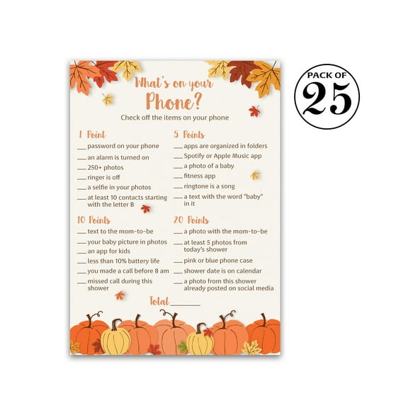 PUMPKINS Baby Shower Game — WHAT'S ON YOUR PHONE Baby Shower Game — Pack of 25 — LITTLE PUMPKIN Baby Shower Games, Fall Halloween Baby Shower Game, Baby Shower Activity, SKU G330-PHN