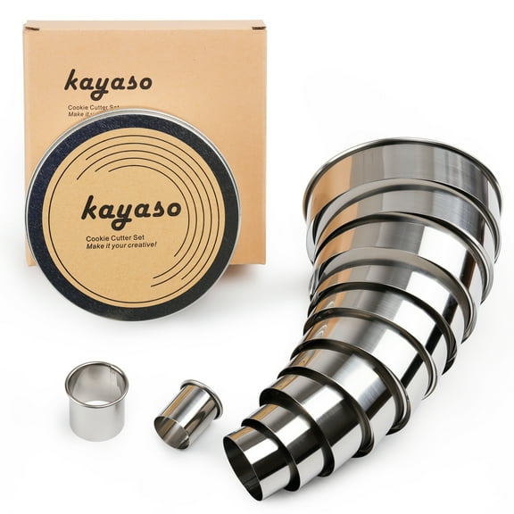 Kayaso Round Cutters in Graduated Sizes, Stainless Steel, 12 PC Set (Plain Edge)