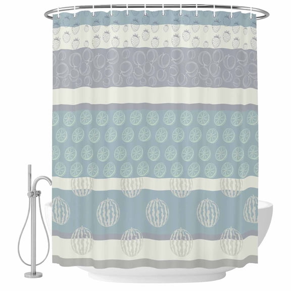 Farm Fruits Shower Curtain, Waterproof Shower Curtains for Bathroom, Watermelon Lemons Peach Blue Grey Striped Washable Fabric Bathtub Curtain Set Bath Decor with 12 Hooks 48"x72"