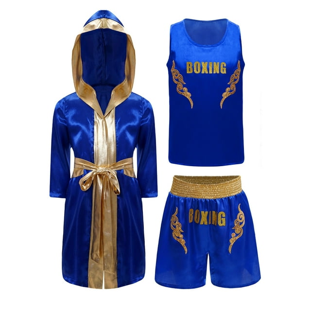 Jhaoyu Tenue de Boxe pour Garçons Costume de Jeu de Rôle Robe de Boxe à Capuche en Satin avec Débardeur Sans Manches et Short Bleu 12