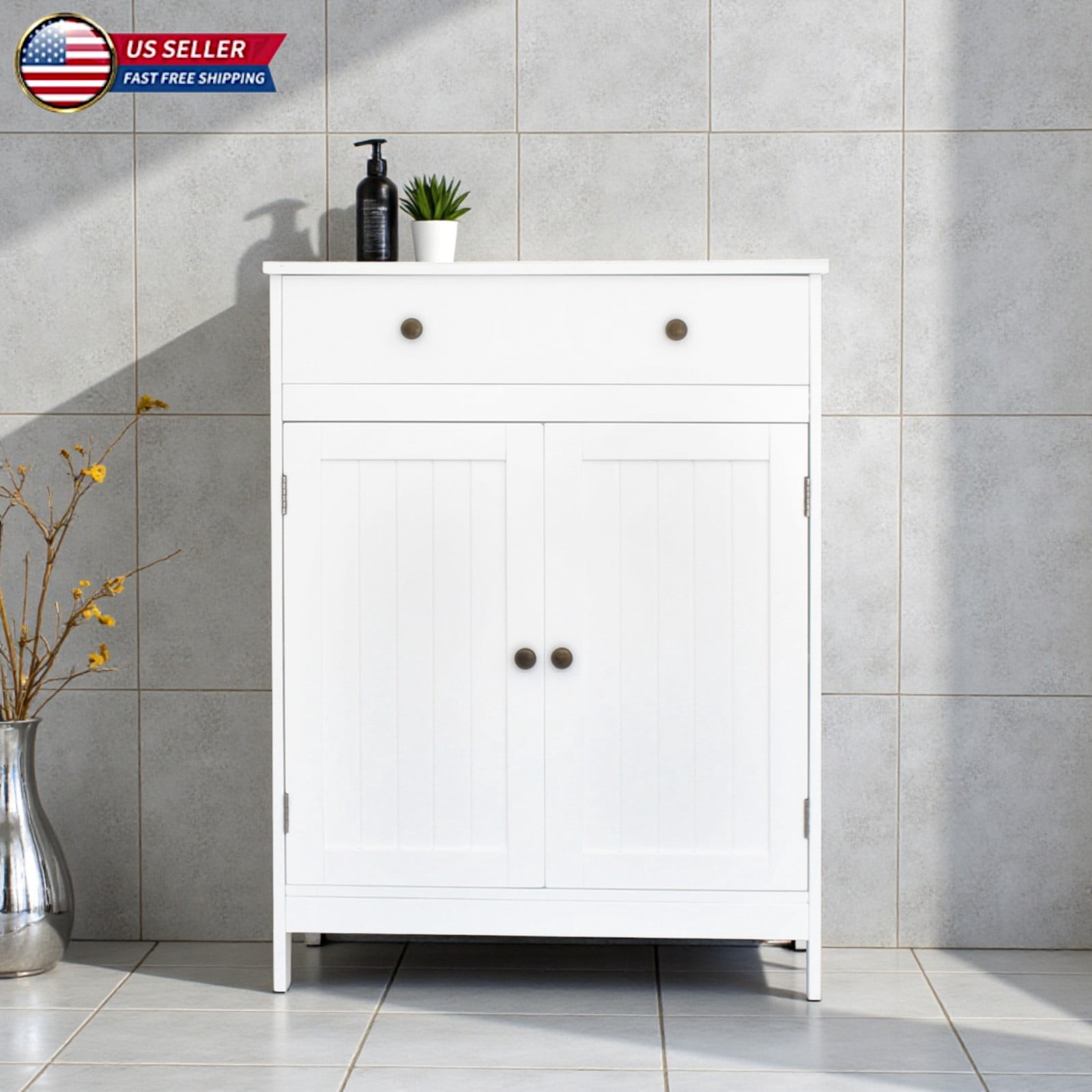 Hassch Multi-Purpose Freestanding Cabinet w/ Storage Drawer, Classic White MDF Cabinet with Double Doors & Bronze Handle, for Bathroom Dining Room Porch