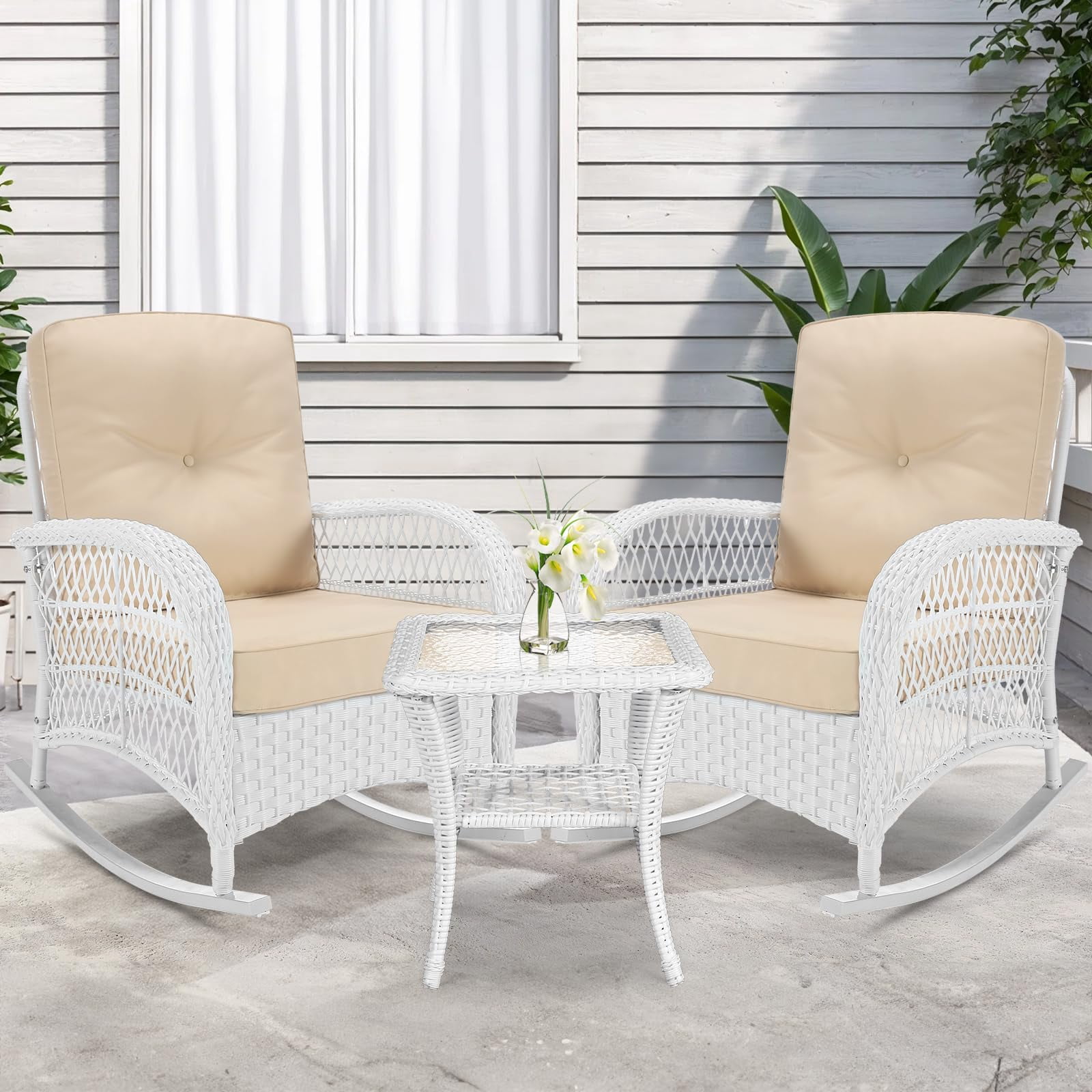VIVIJASON 3-Piece Outdoor Conversation Bistro Set, Patio Wicker Rocking Chairs Rattan Furniture Sets w/ 2 Rattan Chairs, Cushions, Glass Top Side Table for Garden Porch Backyard (White Wicker/Beige)