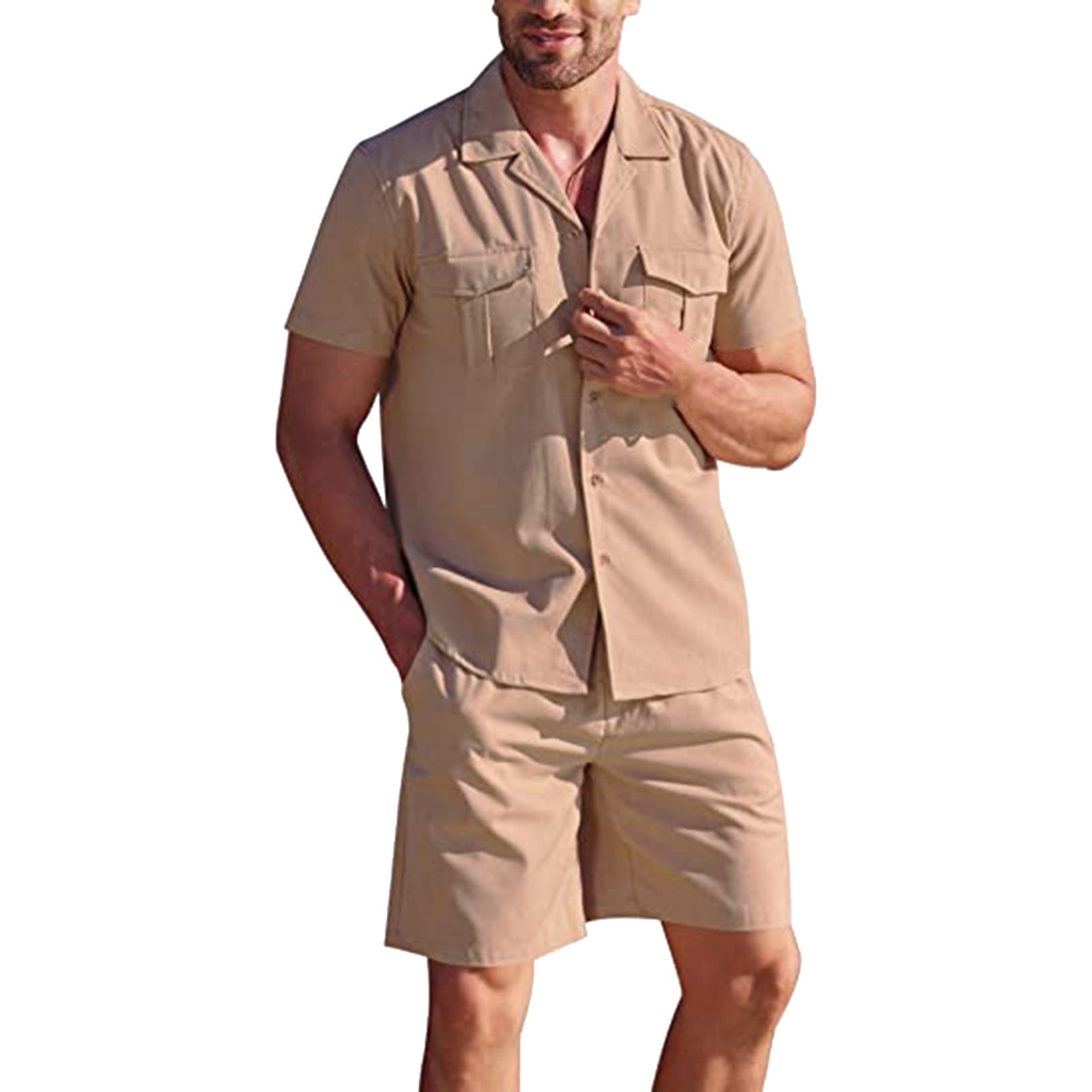 Mens Cotton Solid Shirt Shorts Pants Suit 3 Piece Suit Men Regular Fit