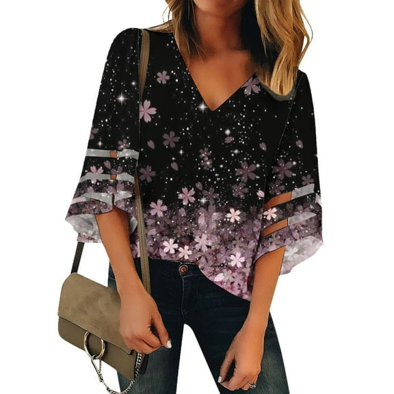 USSUMA Womens Summer Tops Flowy Loose Fit Mesh Panel T-Shirts for Women Trendy Tropical Printed Blouses Tops Dressy Casual V Neck Tunic Plus Size Shirts for Female